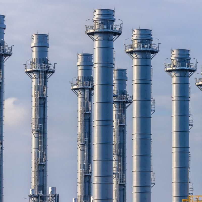 Modern power plant smokestack, Industrial power plant power generation energy facility, Industrial smokestack modern power station.